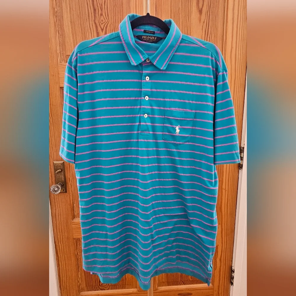 Polo Golf Ralph Lauren Teal Blue and Pink Striped Polo Shirt Size Large
